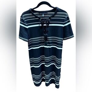 White House Black Market Black Striped Lace-Up Neck Casual Dress Size L